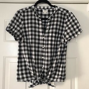 J. Crew Factory Gingham Button Down Tie Front Top, Size Small